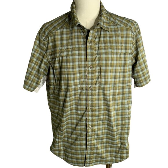 REI Button Up Hiking Fishing Shirt XL Green Checkered Vented Sleeves Pockets - Picture 1 of 6